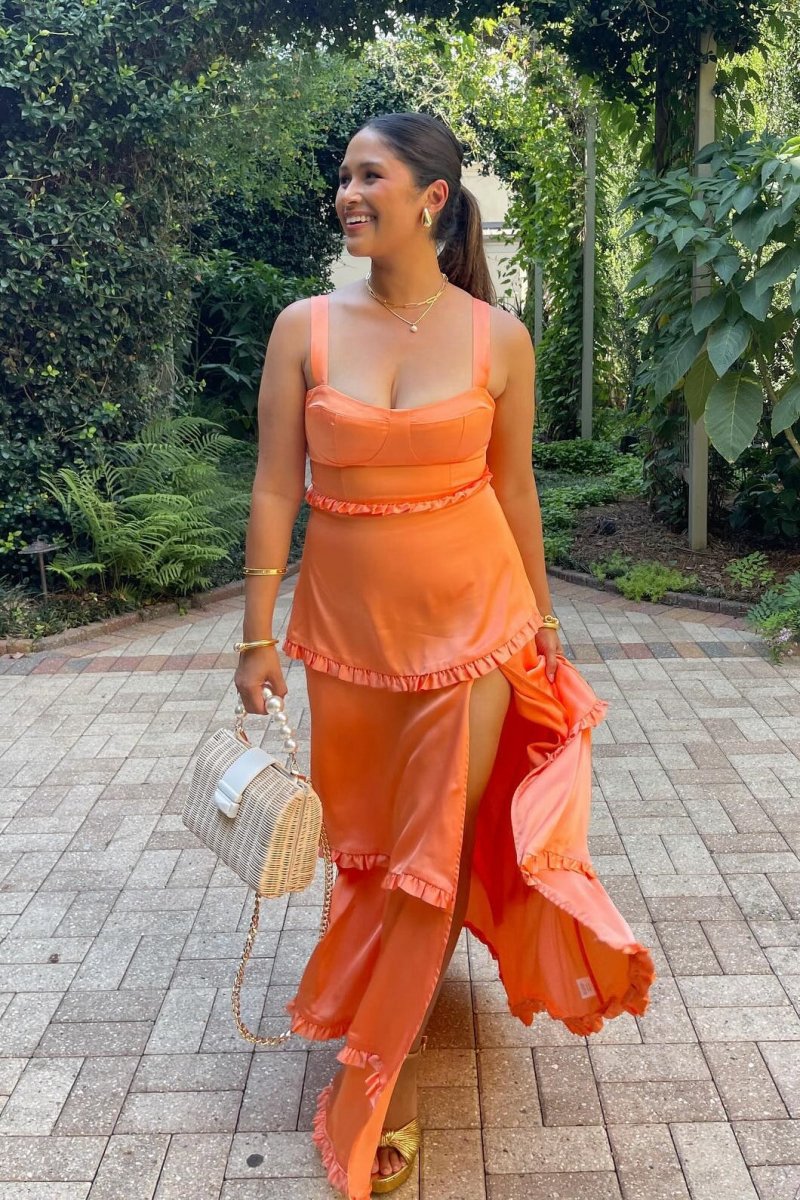 A-line Ruffles Slit Prom Dresses with Lace-up Back