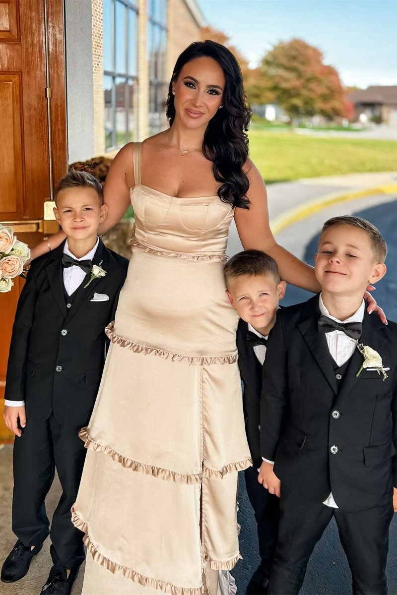 A-line Ruffles Slit Prom Dresses with Lace-up Back