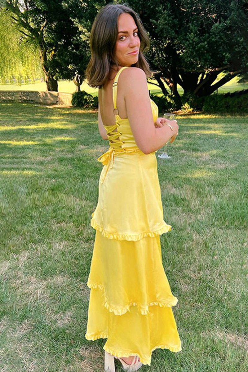 A-line Ruffles Slit Prom Dresses with Lace-up Back