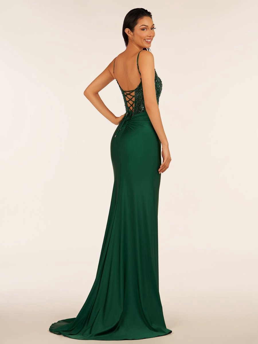 V Neck Beading Satin Long Slit Prom Dresses