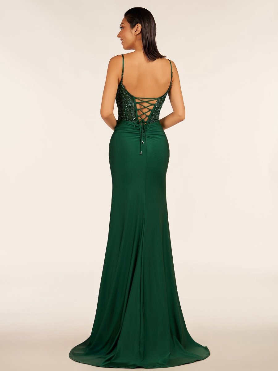 V Neck Beading Satin Long Slit Prom Dresses