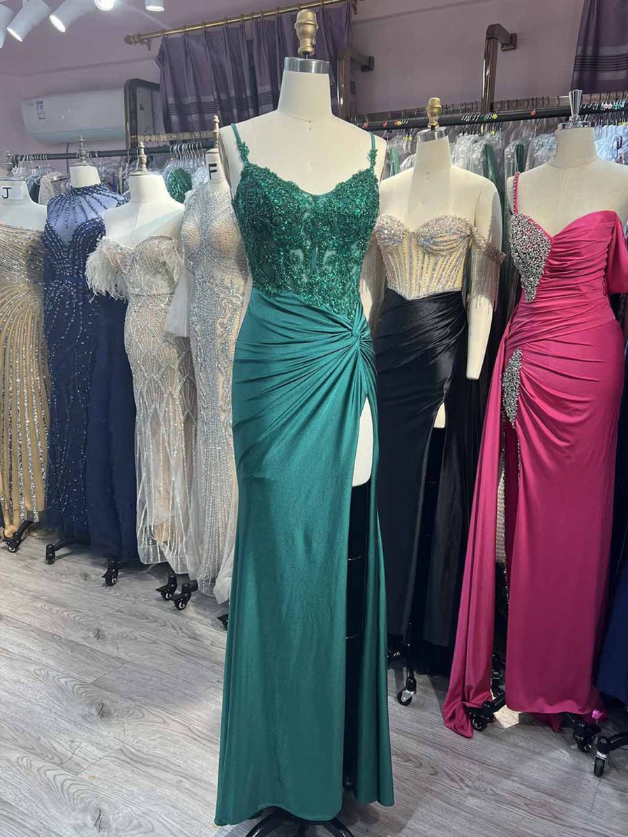 V Neck Beading Satin Long Slit Prom Dresses