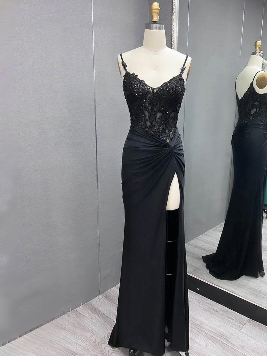 V Neck Beading Satin Long Slit Prom Dresses