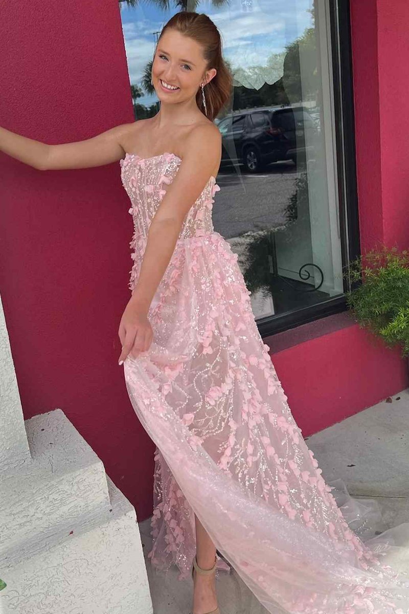 Strapless 3D Floral High Slit Mermaid Long Prom Dresses