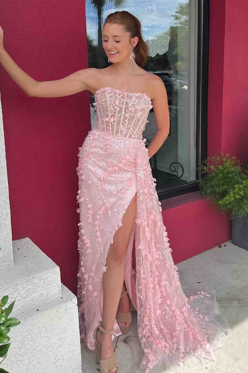 Strapless 3D Floral High Slit Mermaid Long Prom Dresses
