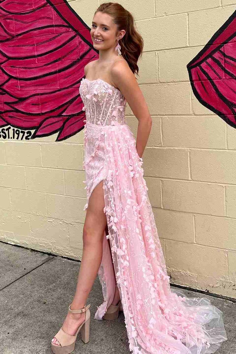 Strapless 3D Floral High Slit Mermaid Long Prom Dresses