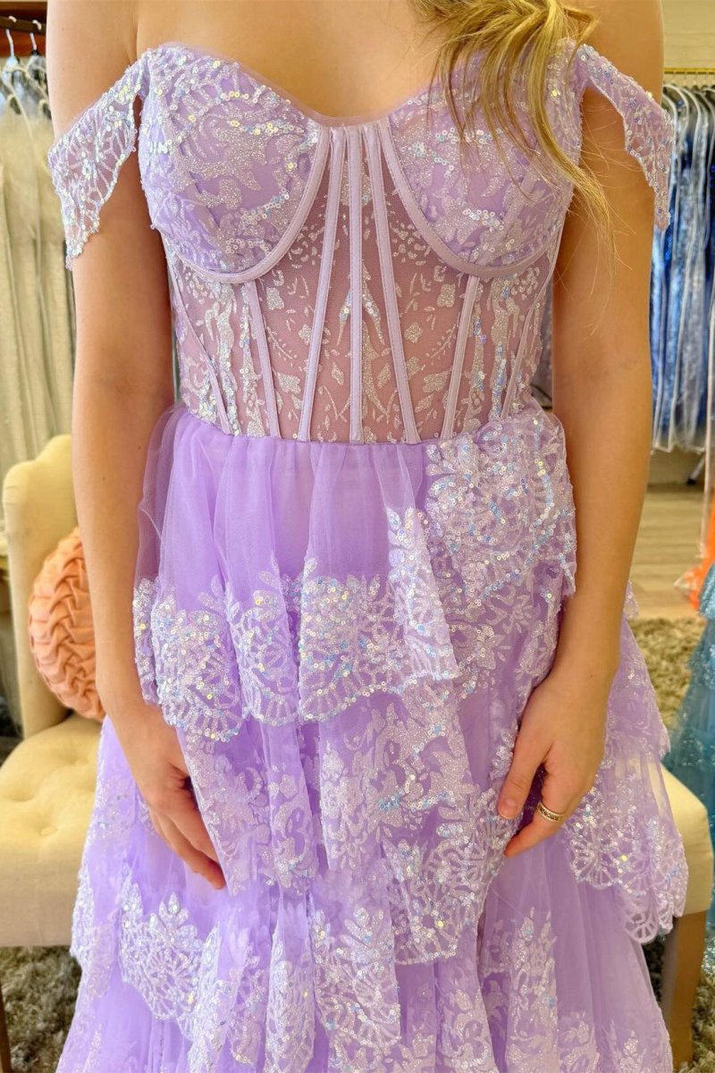 Sequin Appliques Off-the-Shoulder Ruffle Tie Long Gown
