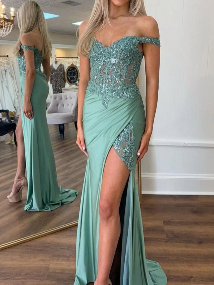 Off the Shoulder Appliqued Mermaid Prom Dresses with Split