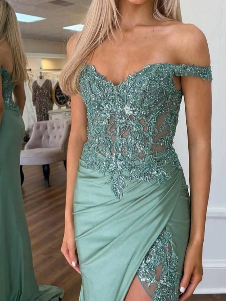 Off the Shoulder Appliqued Mermaid Prom Dresses with Split