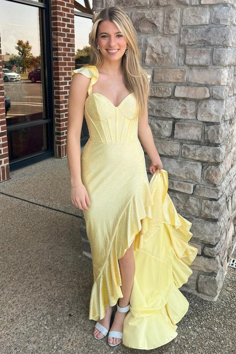 Mermaid Spaghetti Straps Satin Beaded Long Prom Dresses