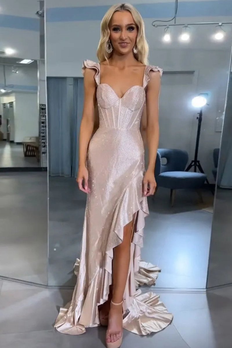 Mermaid Spaghetti Straps Satin Beaded Long Prom Dresses
