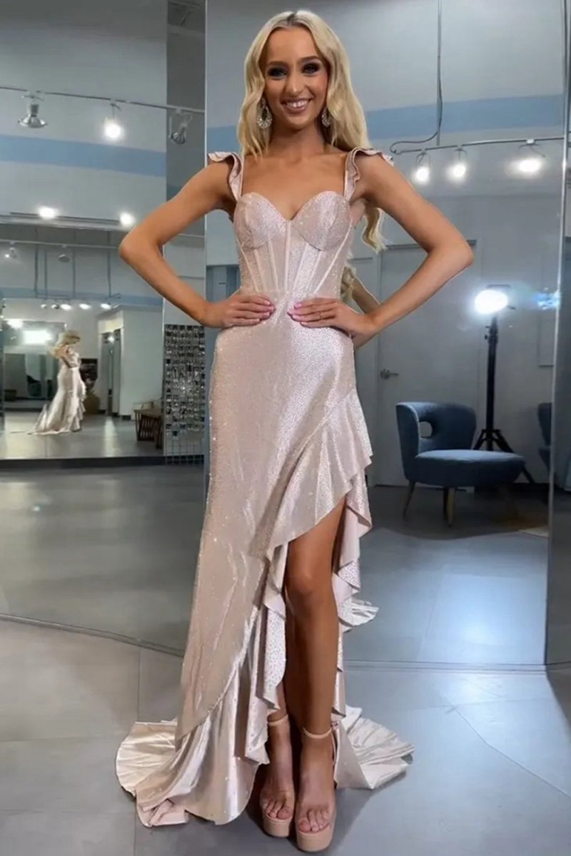 Mermaid Spaghetti Straps Satin Beaded Long Prom Dresses