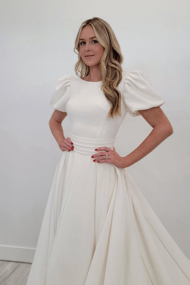 A-line Puff Sleeves Satin Sweeping Long Wedding Dresses