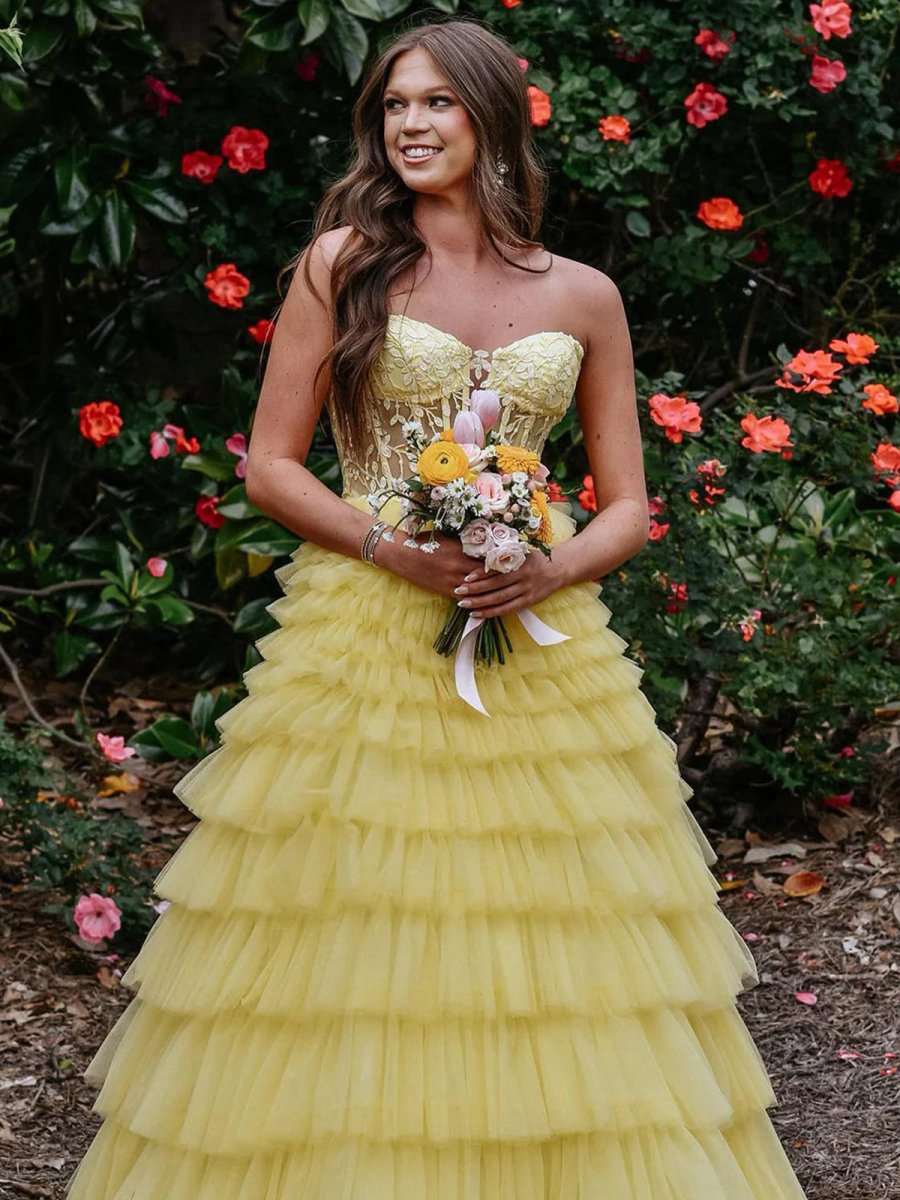 Sweeteart A-line Tie Tulle Long Prom Dresses