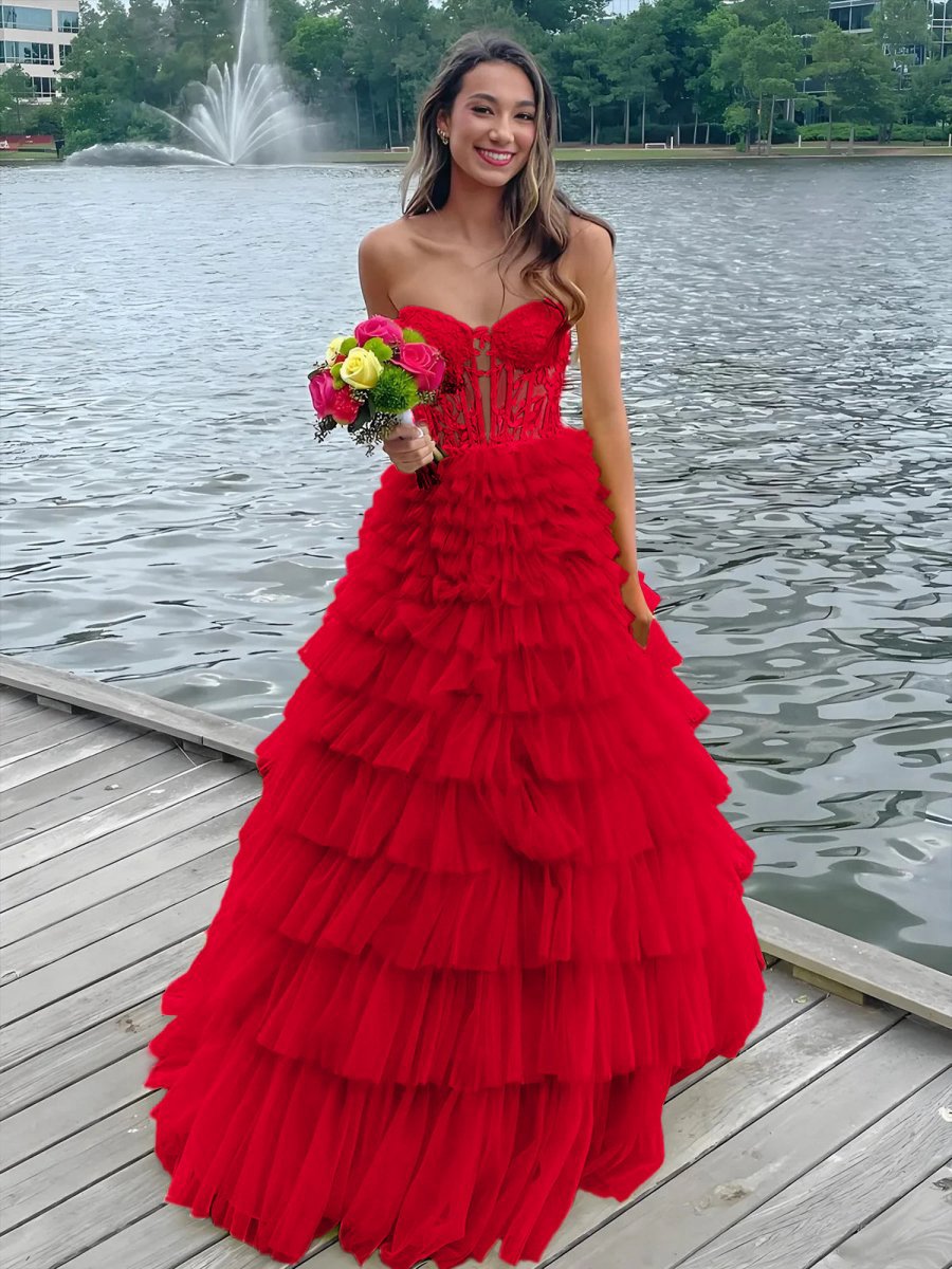 Sweeteart A-line Tie Tulle Long Prom Dresses