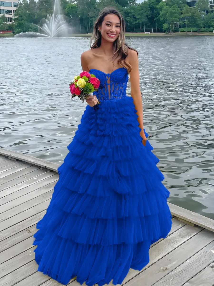 Sweeteart A-line Tie Tulle Long Prom Dresses
