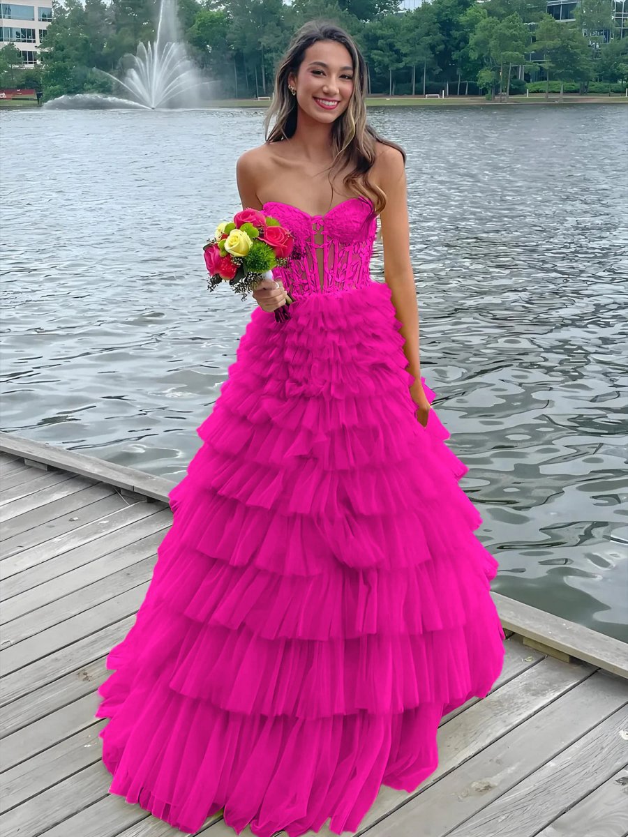 Sweeteart A-line Tie Tulle Long Prom Dresses