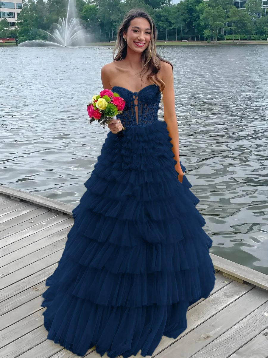 Sweeteart A-line Tie Tulle Long Prom Dresses