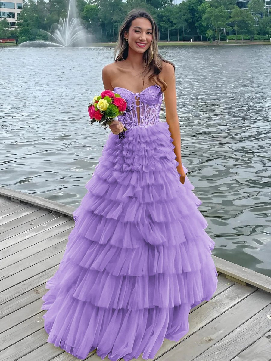 Sweeteart A-line Tie Tulle Long Prom Dresses