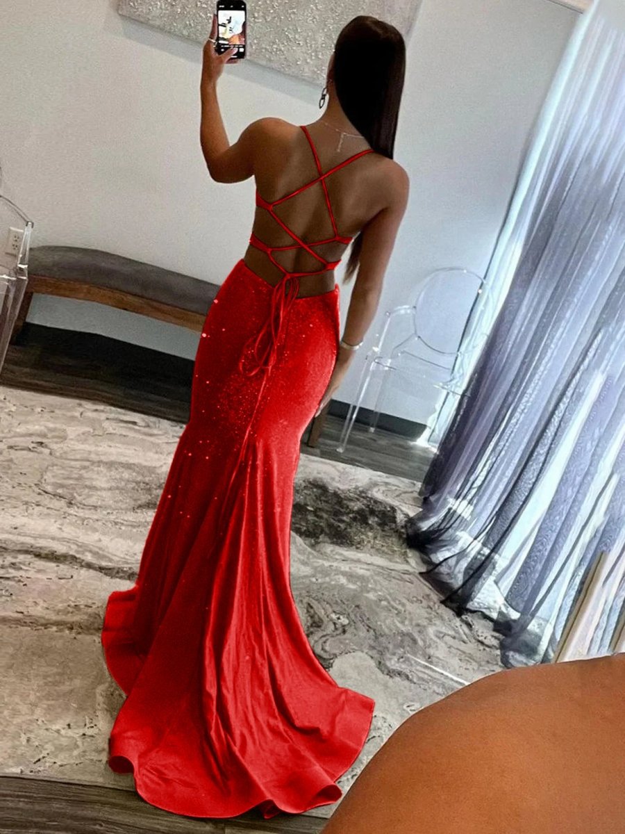 Sparkly Mermaid V Neck Sequins Long Prom Dresses