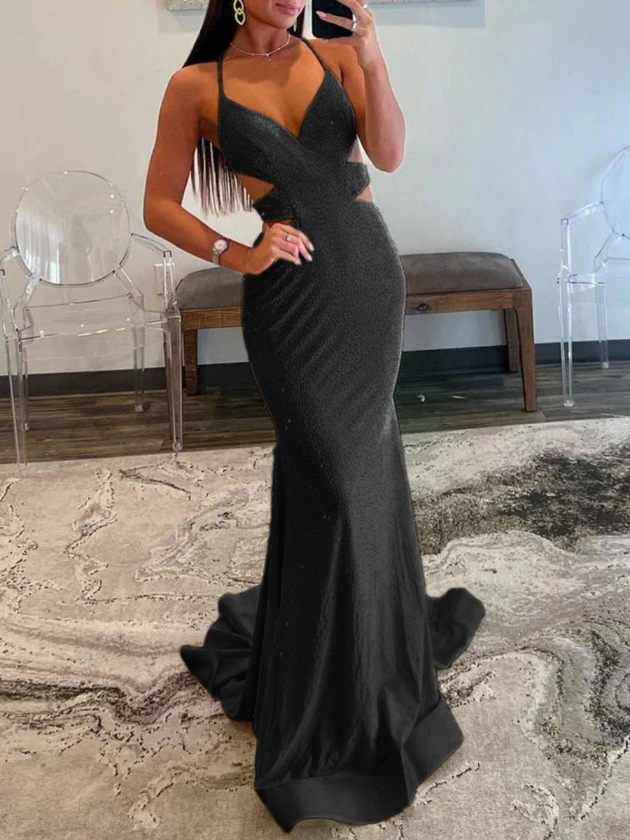 Sparkly Mermaid V Neck Sequins Long Prom Dresses