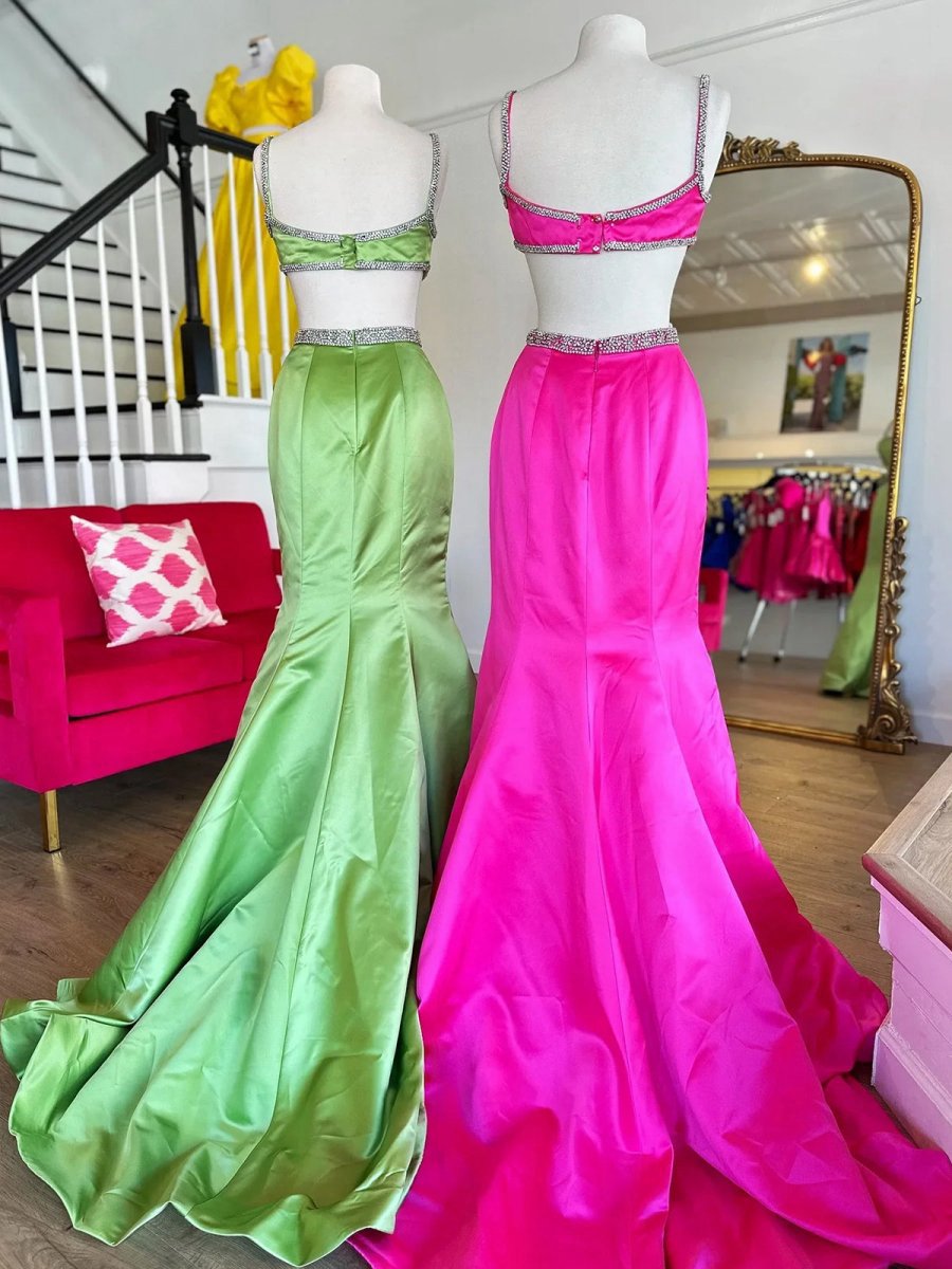 Scoop Neck Mermaid Beaded Long Prom Dresses with Bow