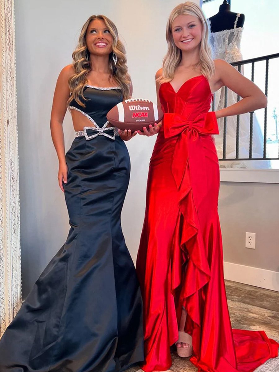 Scoop Neck Mermaid Beaded Long Prom Dresses with Bow