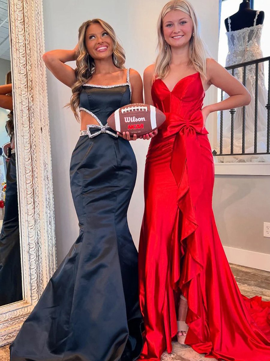 Scoop Neck Mermaid Beaded Long Prom Dresses with Bow