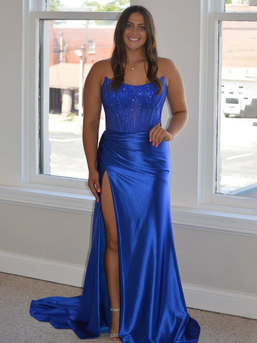 Strapless Satin Sheath Long Prom Dresses with Slit