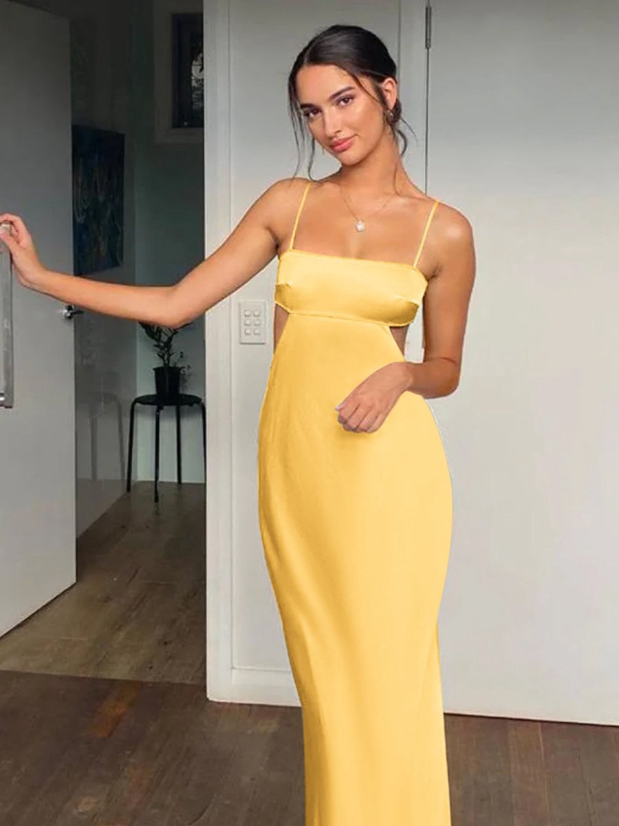 Spaghetti Straps Sheath Prom Dresses Formal Satin Party Dresses