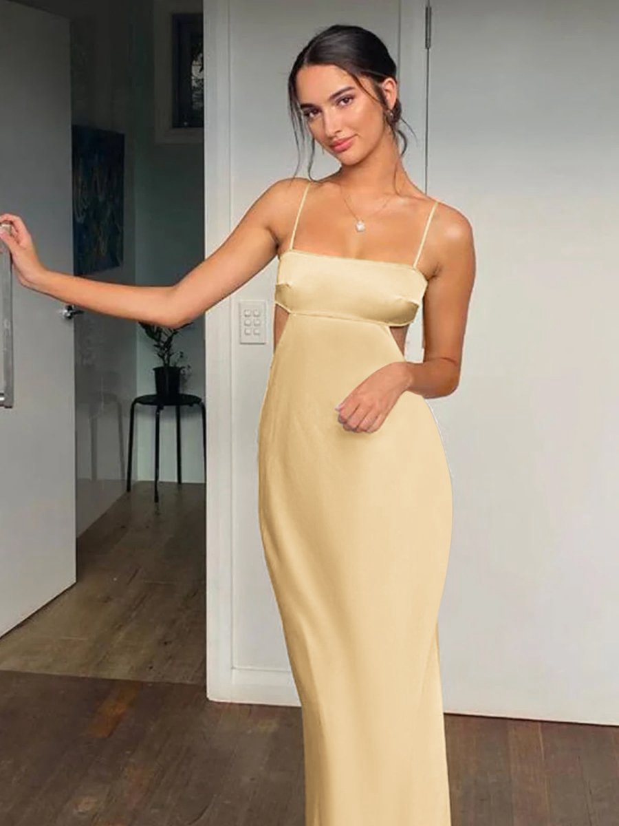 Spaghetti Straps Sheath Prom Dresses Formal Satin Party Dresses