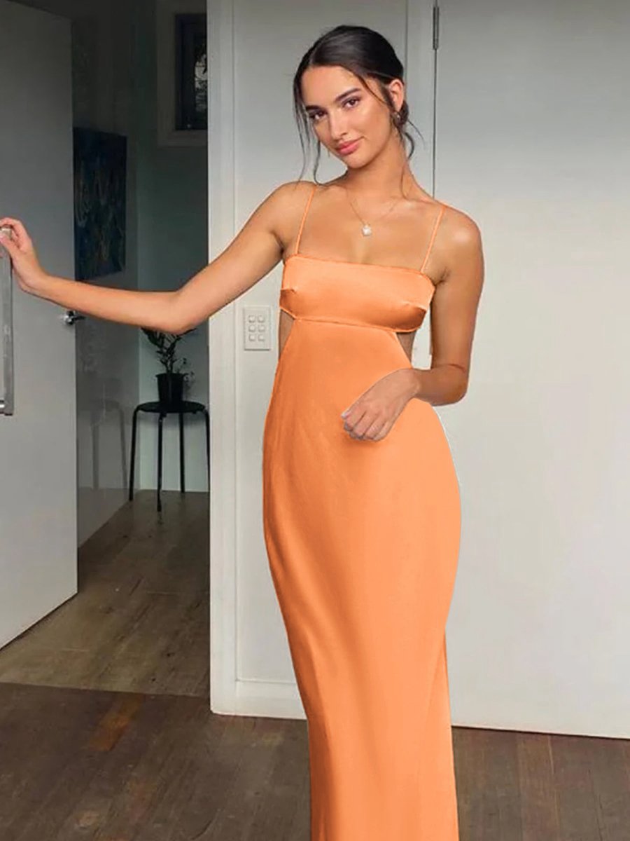 Spaghetti Straps Sheath Prom Dresses Formal Satin Party Dresses