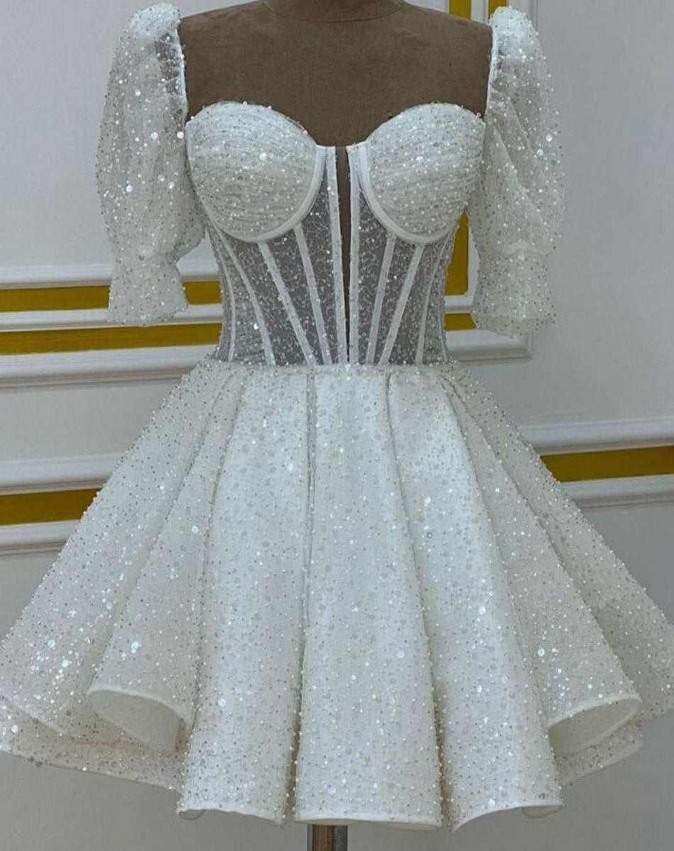 Sweetheart Sequin Short Homecoming Dresses with Puff Sleeves
