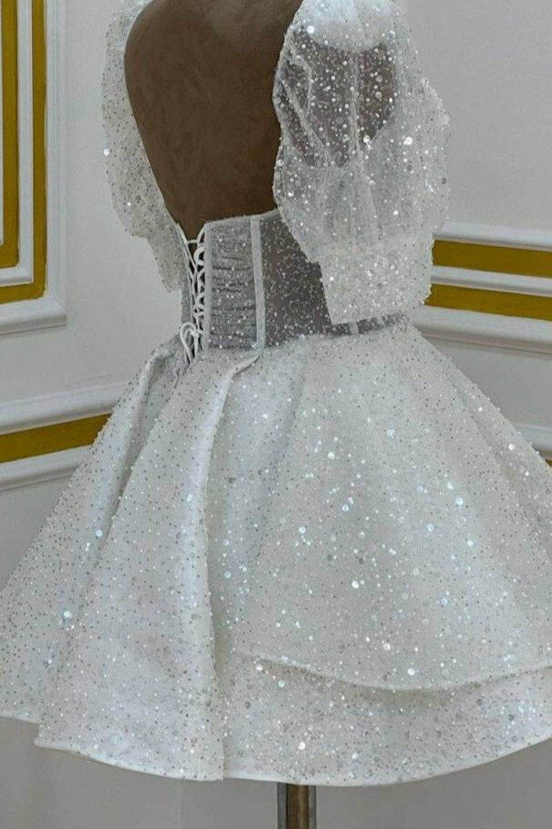 Sweetheart Sequin Short Homecoming Dresses with Puff Sleeves