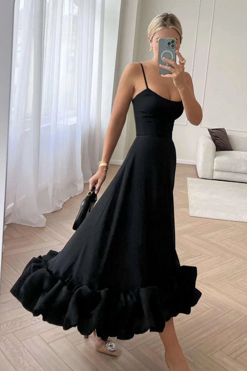 A-line Satin Long Prom Dresses with Ruffles