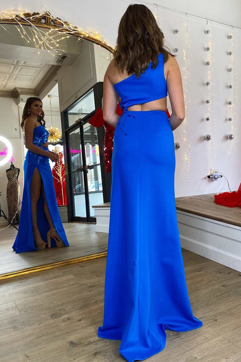 One Shoulder Cut Glass Mirror Long Prom Dresses with Slit