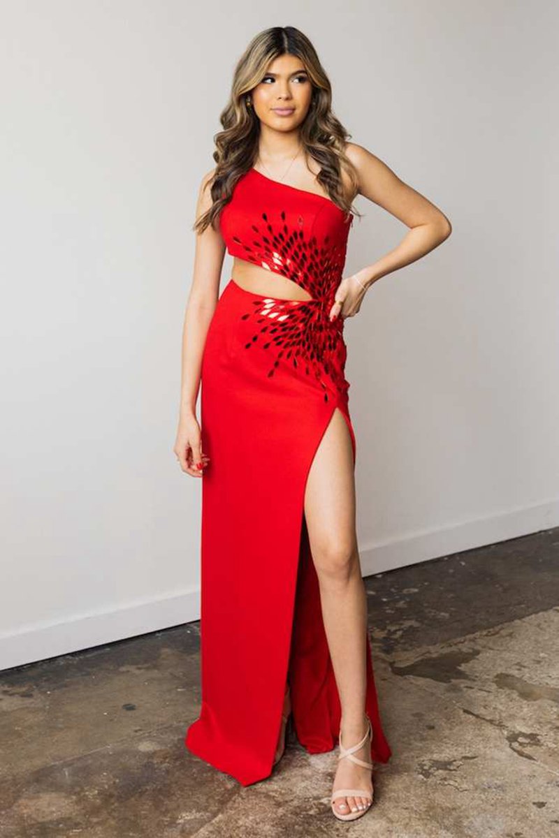 One Shoulder Cut Glass Mirror Long Prom Dresses with Slit