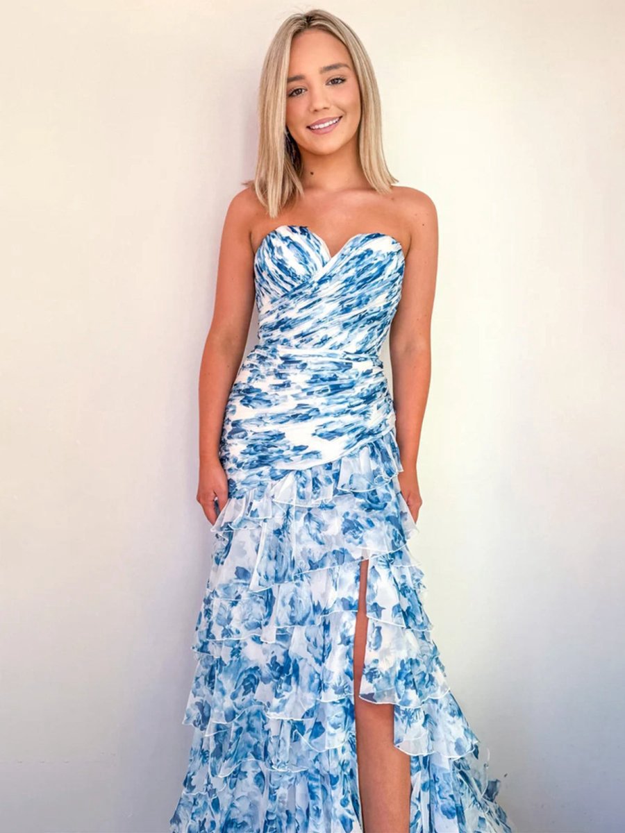 Mermaid Sweetheart Printed Chiffon Long Prom Dresses with Slit