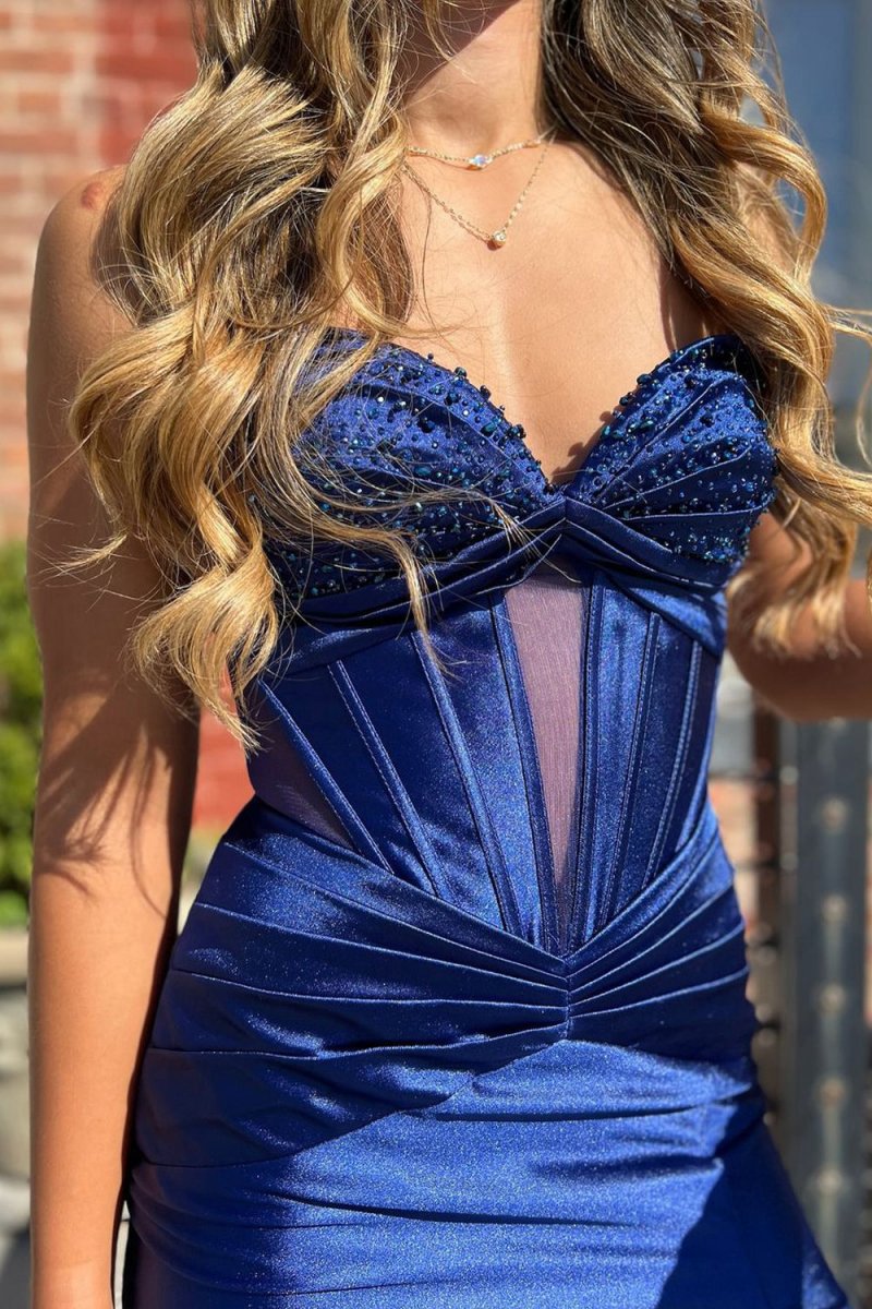 Sweetheart Mermaid Satin Long Prom Dresses with Slit