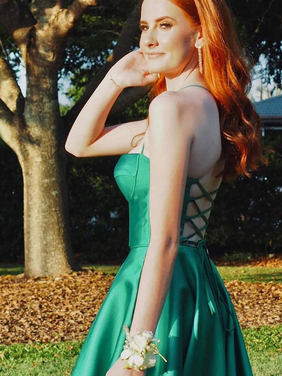 A-line Sweetheart Satin Long Prom Dresses with Slit