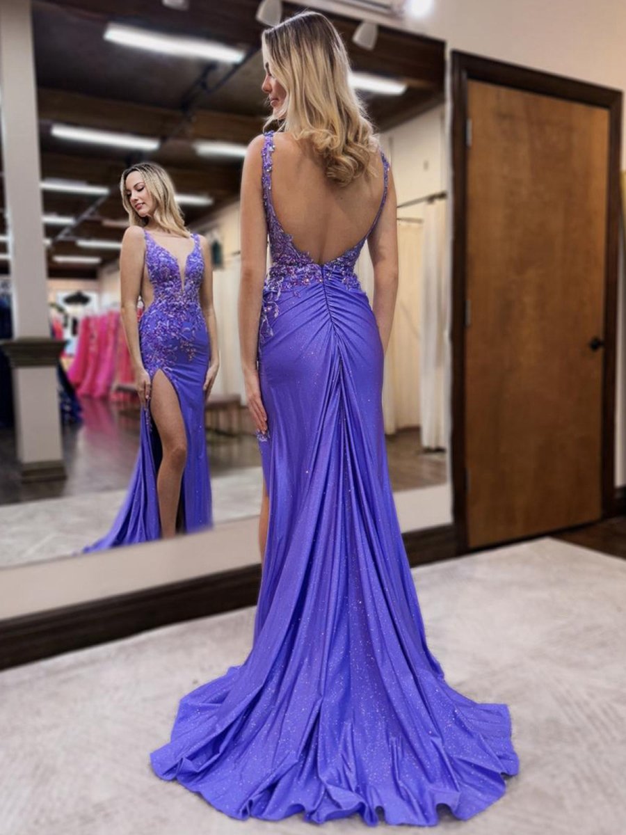 Mermaid V Neck Satin Long Prom Dresses with Beading