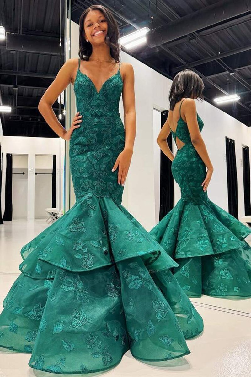 V-Neck Lace Applique Layered Mermaid Prom Dresses