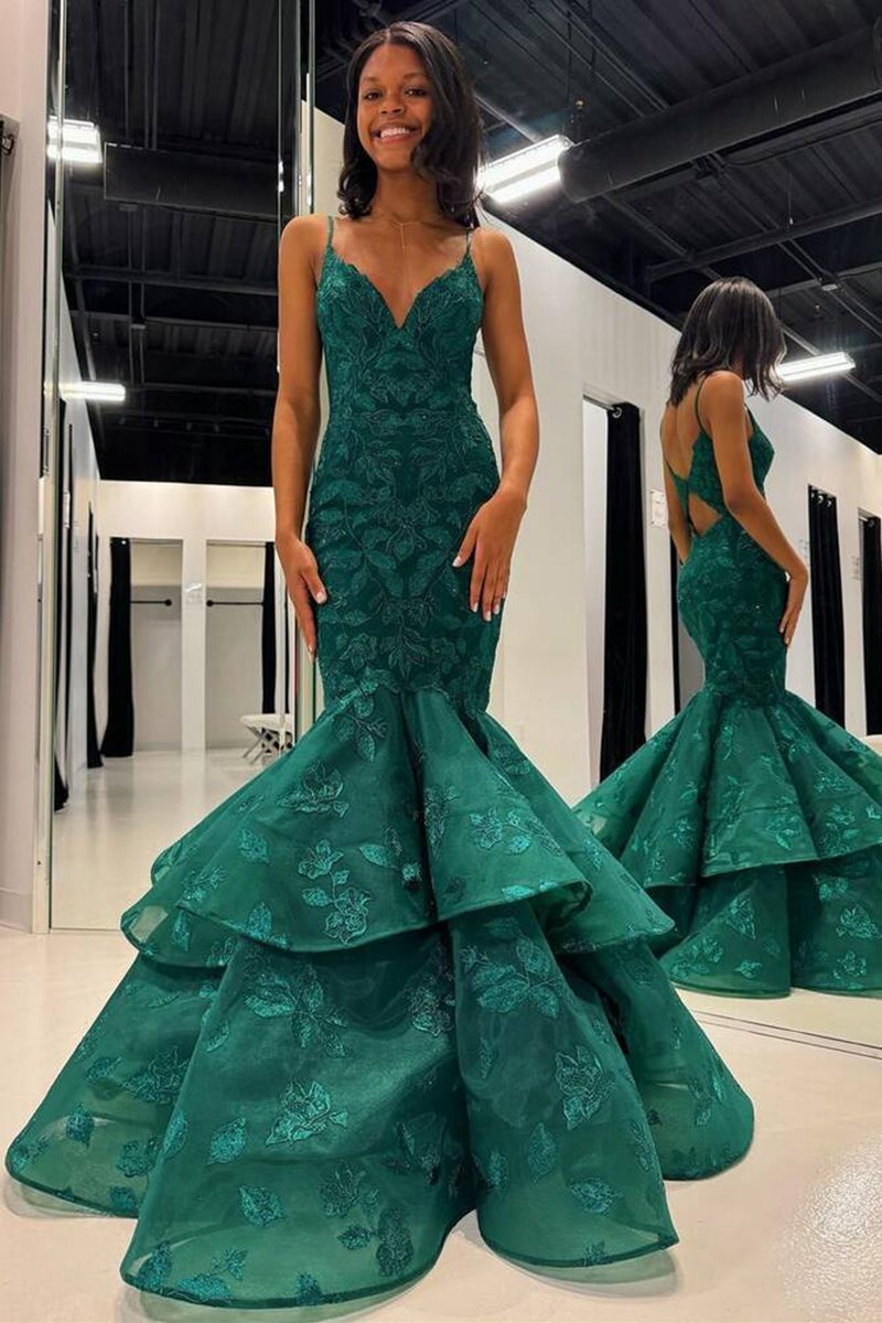 V-Neck Lace Applique Layered Mermaid Prom Dresses