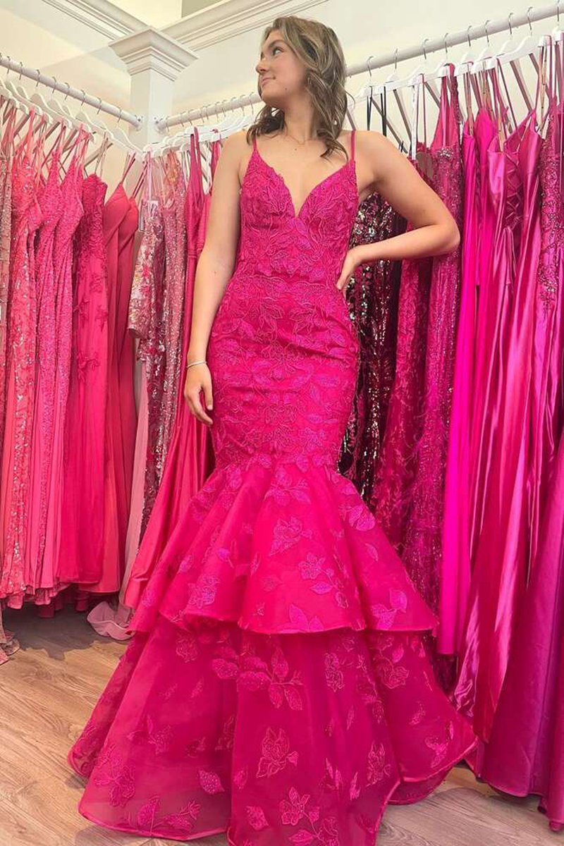 V-Neck Lace Applique Layered Mermaid Prom Dresses