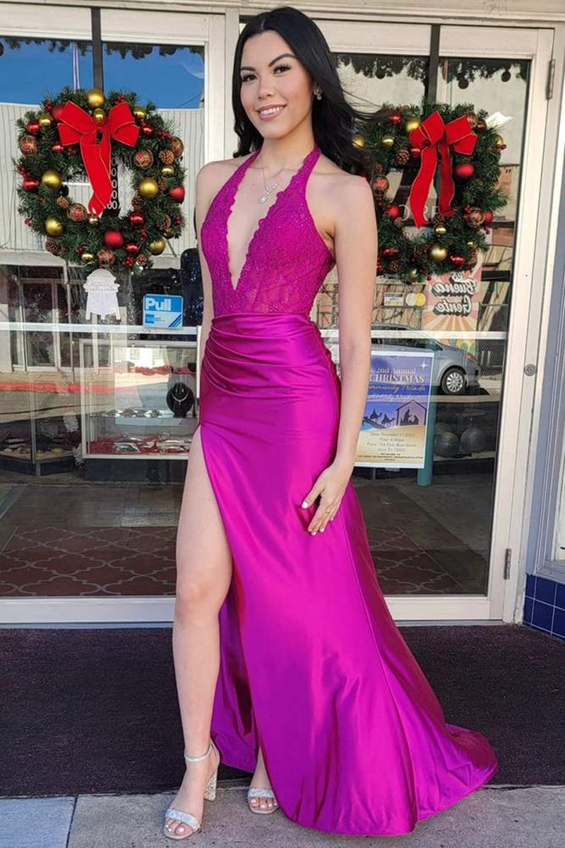 Lace Applique Satin High Slit Mermaid Prom Dresses