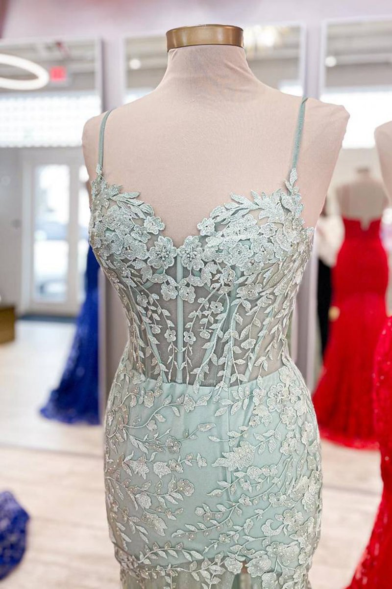Lace Applique Long Mermaid Dresses with Slit