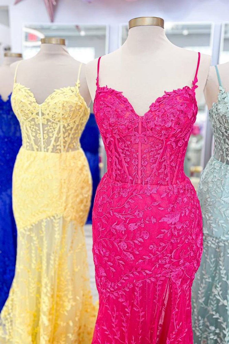 Lace Applique Long Mermaid Dresses with Slit