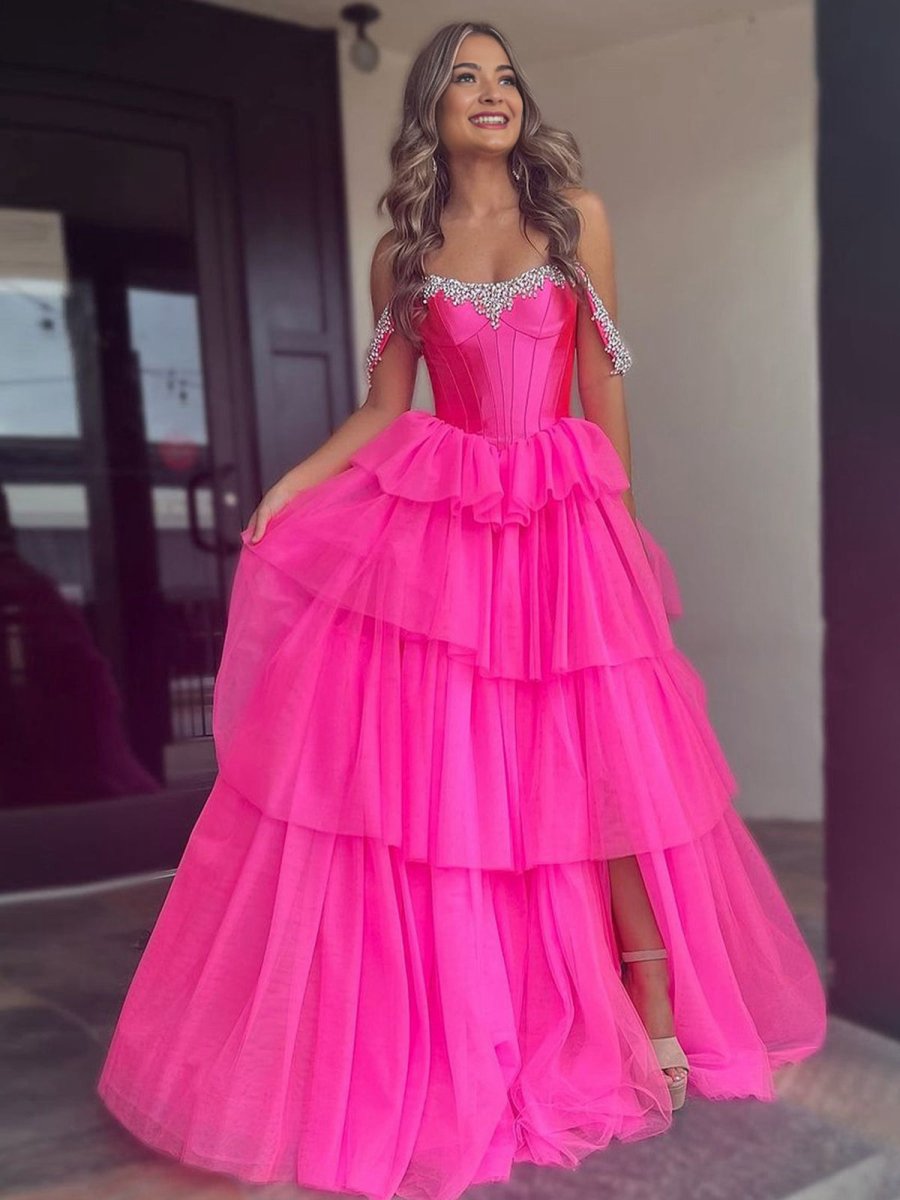 A-line Off the Shoulder Tulle Long Prom Dresses with Beading