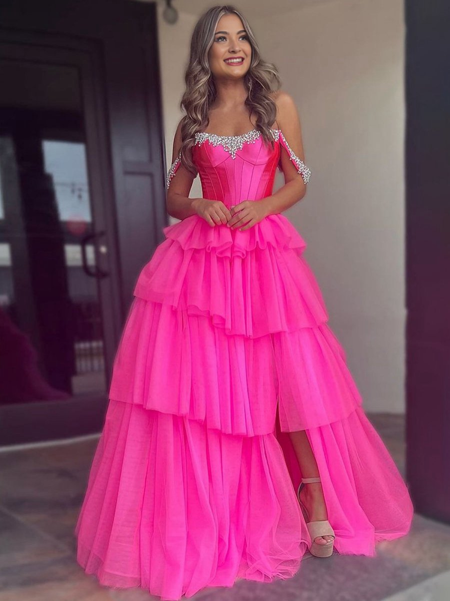 A-line Off the Shoulder Tulle Long Prom Dresses with Beading