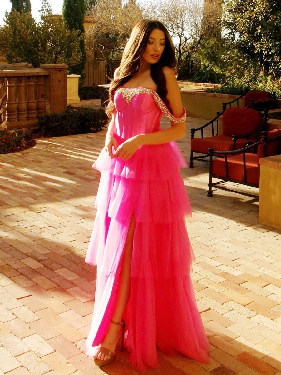 A-line Off the Shoulder Tulle Long Prom Dresses with Beading